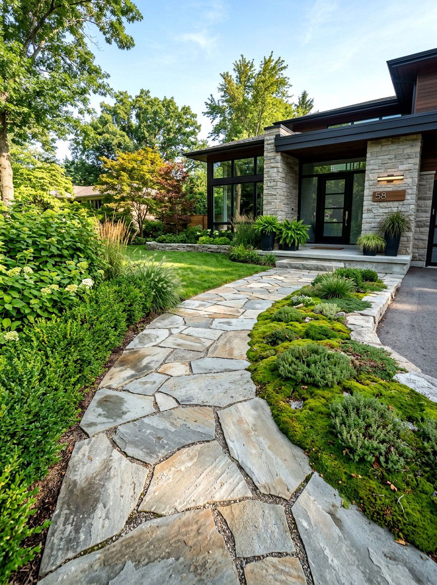 Flagstone Walkway - 30 asymmetrical front yard landscaping ideas