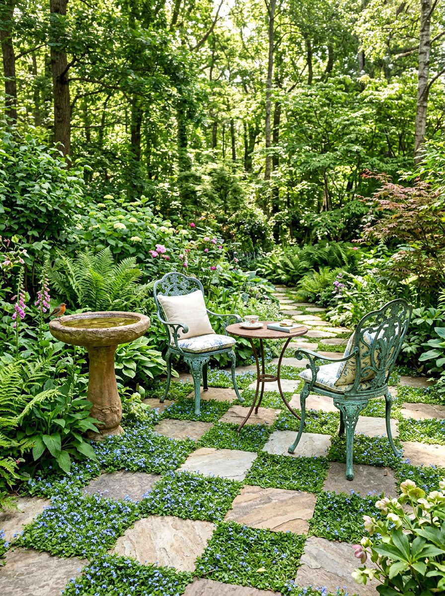 Flagstone and groundcover checkerboard - 30 checkerboard patio paver ideas