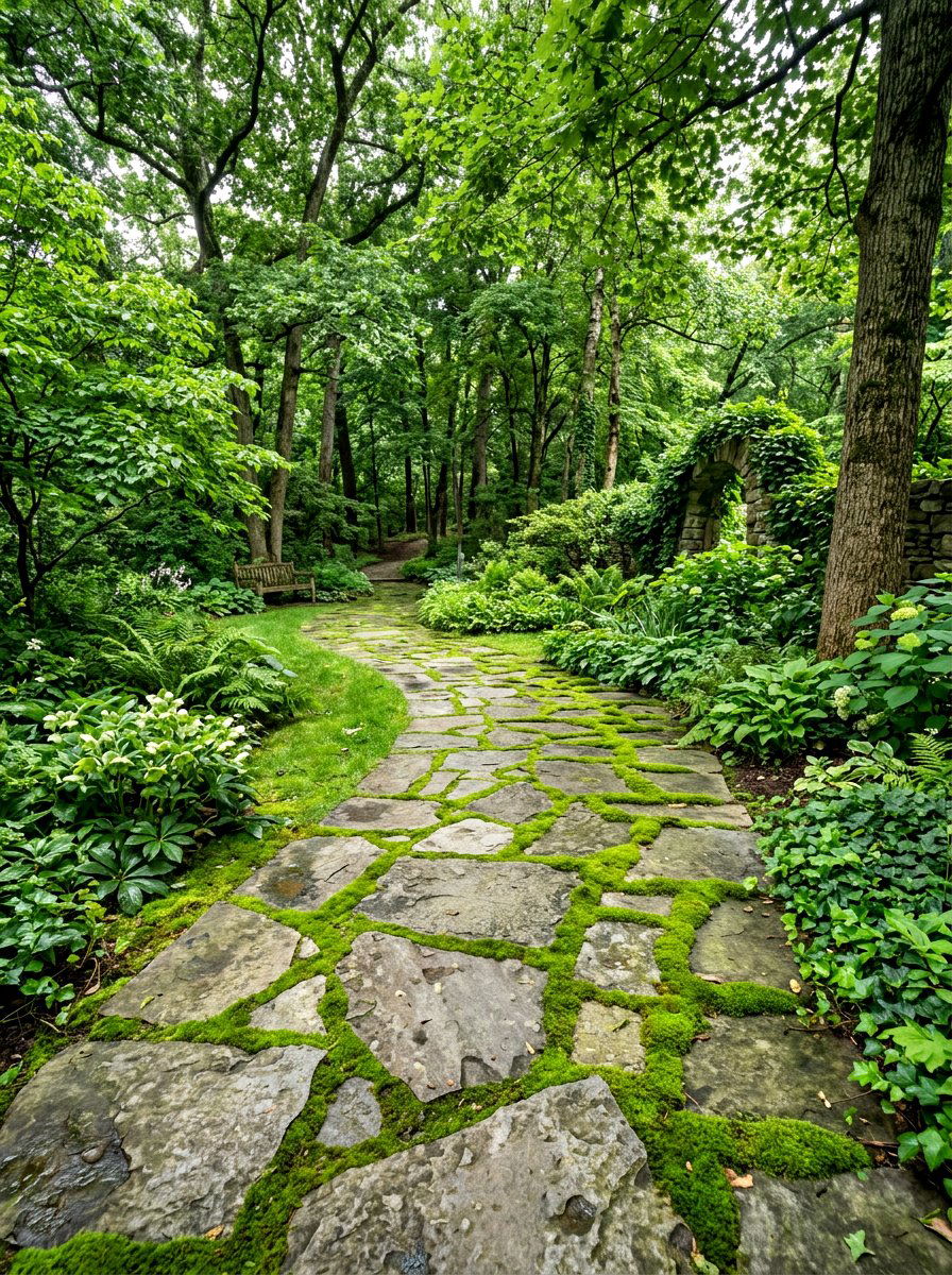 Flagstone and moss walkway - 30 stepping stones through grass ideas