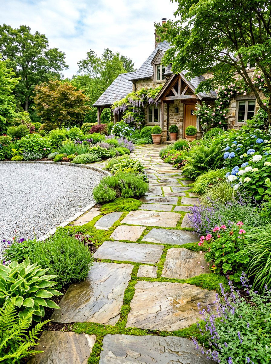 Flagstone driveway path garden - 30 driveway side garden ideas
