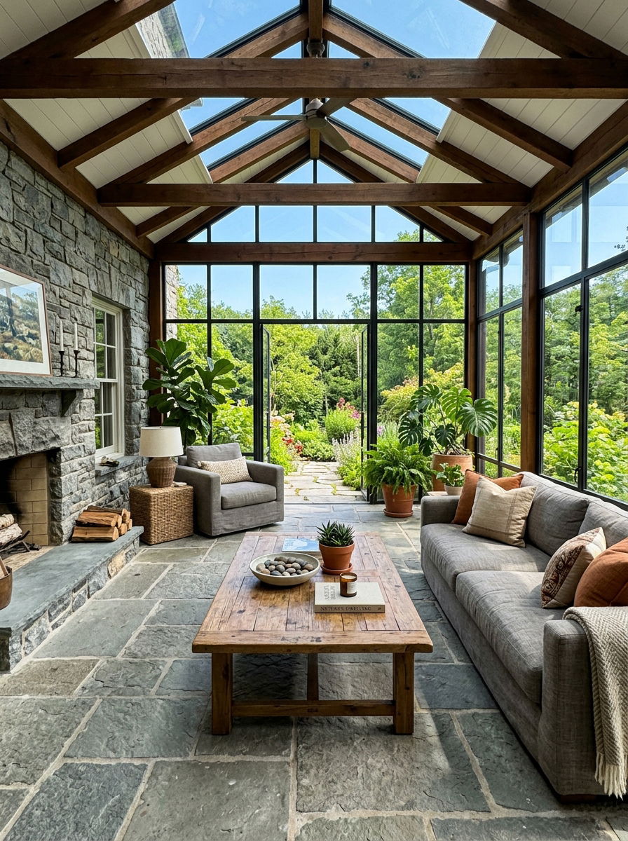Flagstone floor sunroom - 30 rustic sunroom ideas
