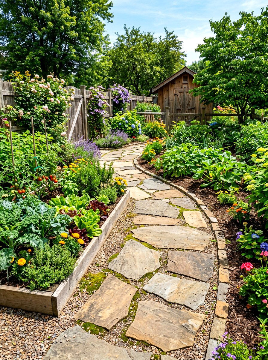 Flagstone garden path - 30 vegetable garden border ideas