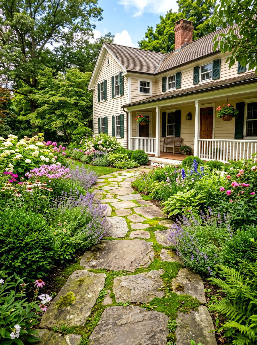 Flagstone path - 30 colonial front yard ideas