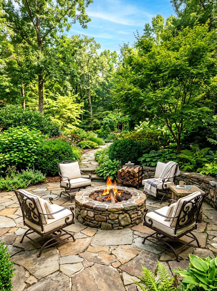 Flagstone patio fire pit - 30 gas fire lounge patio ideas