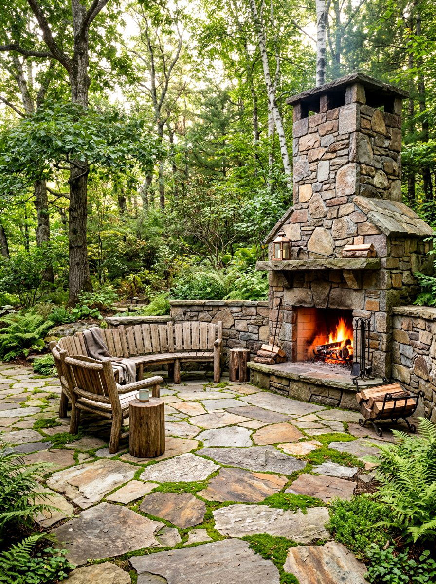 Flagstone patio fireplace area - 30 patio fireplace lounge ideas