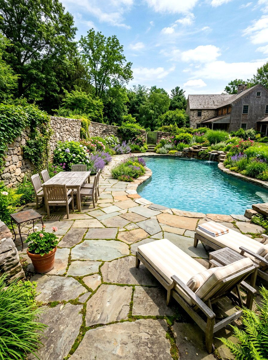 Flagstone pool patio - 30 backyard oasis pool ideas