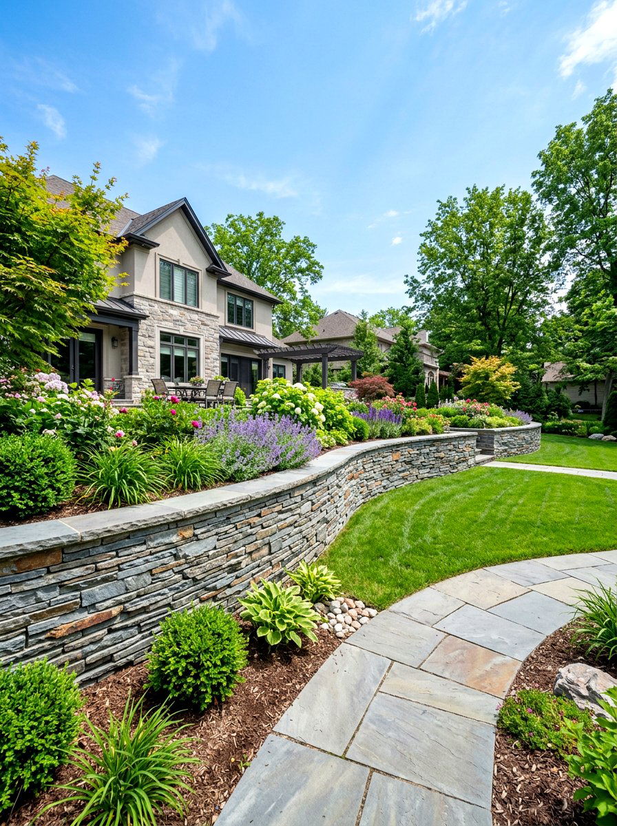 Flagstone retaining wall - 30 sloped backyard retaining wall ideas