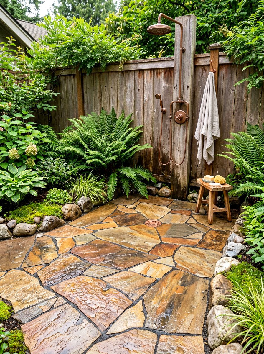 Flagstone shower floor - 30 outdoor shower summer ideas