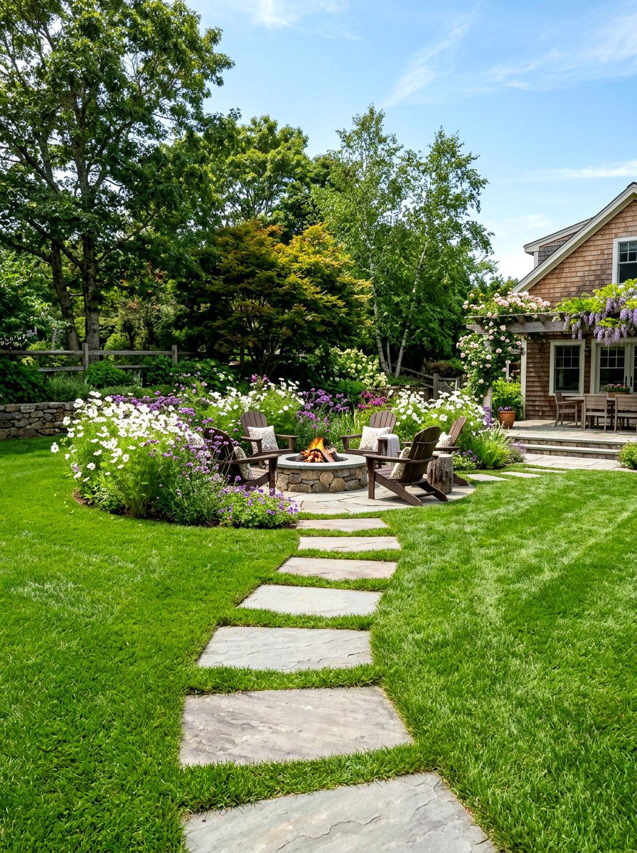 Flagstone stepping stones through grass - 30 secret path garden ideas