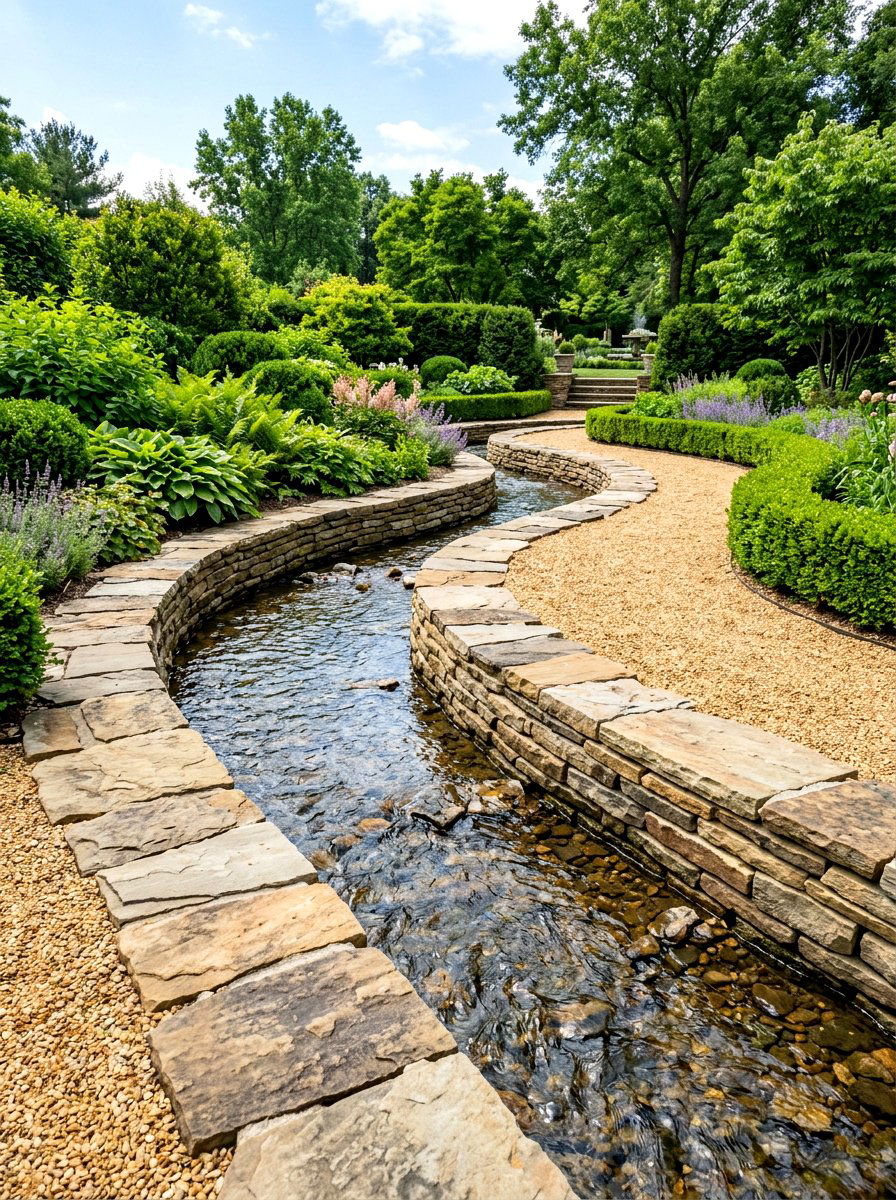 Flagstone stream edging - 30 backyard stream ideas