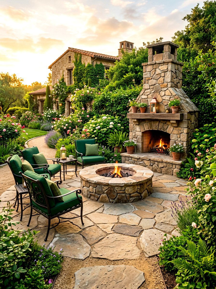 Flagstone terrace fire pit - 30 backyard fireplace seating ideas