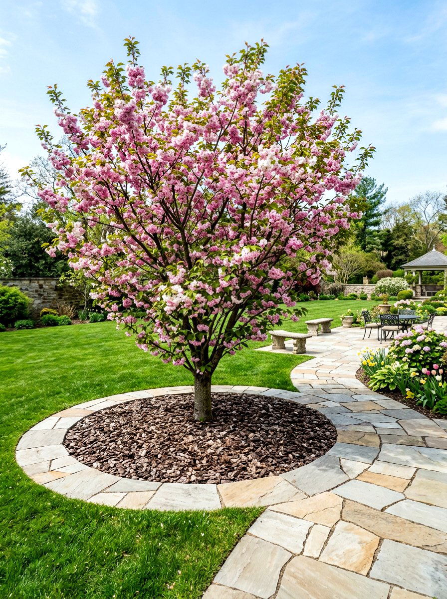 Flagstone tree ring edging - 30 mulch ring around tree ideas