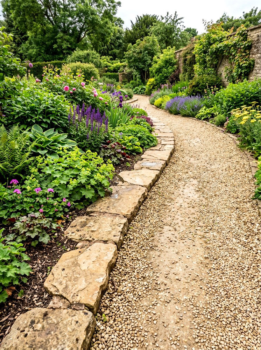 Flagstone walkway edge - 30 stone mulch border ideas