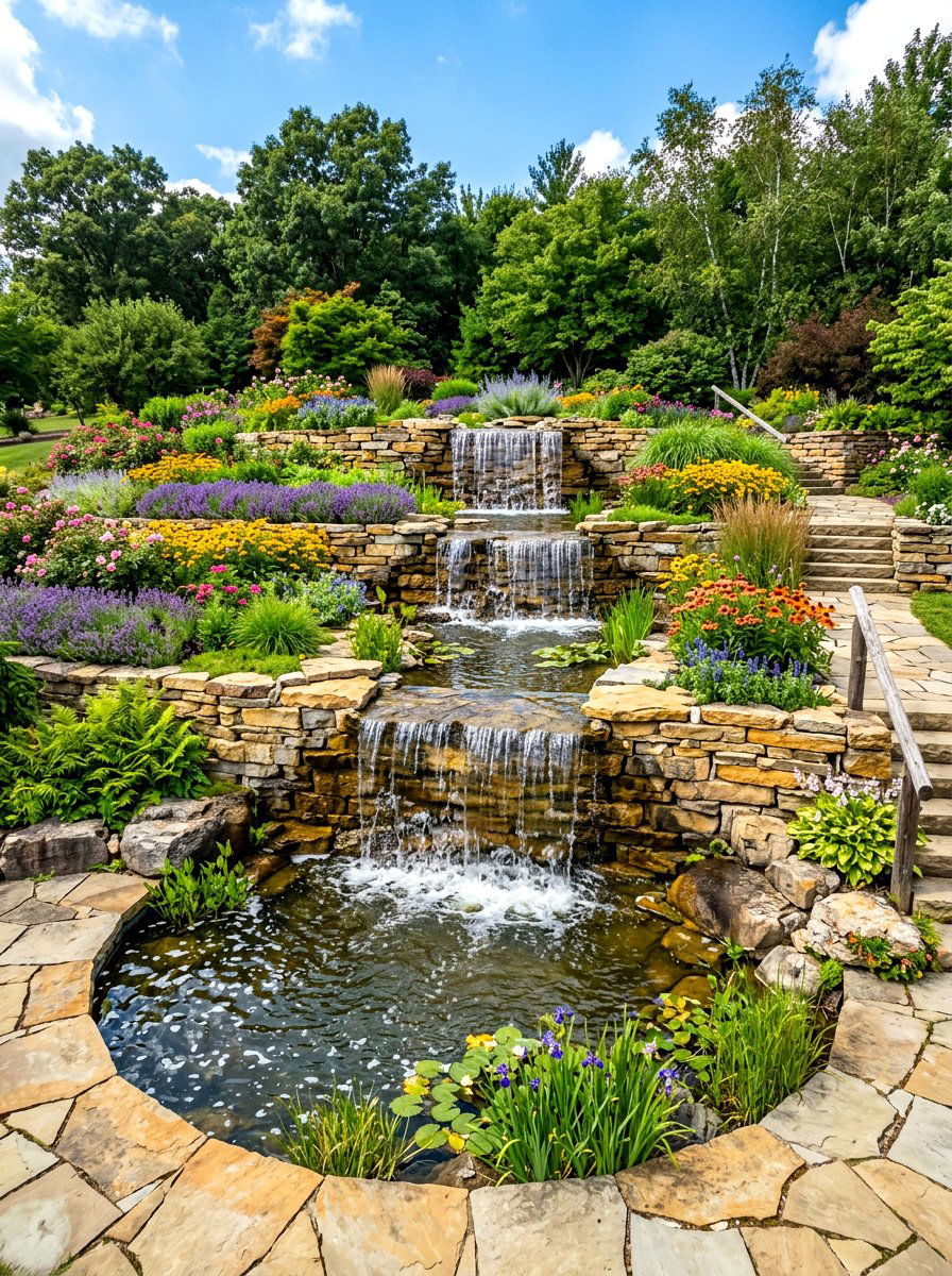 Flagstone waterfall cascade - 30 pondless waterfall ideas