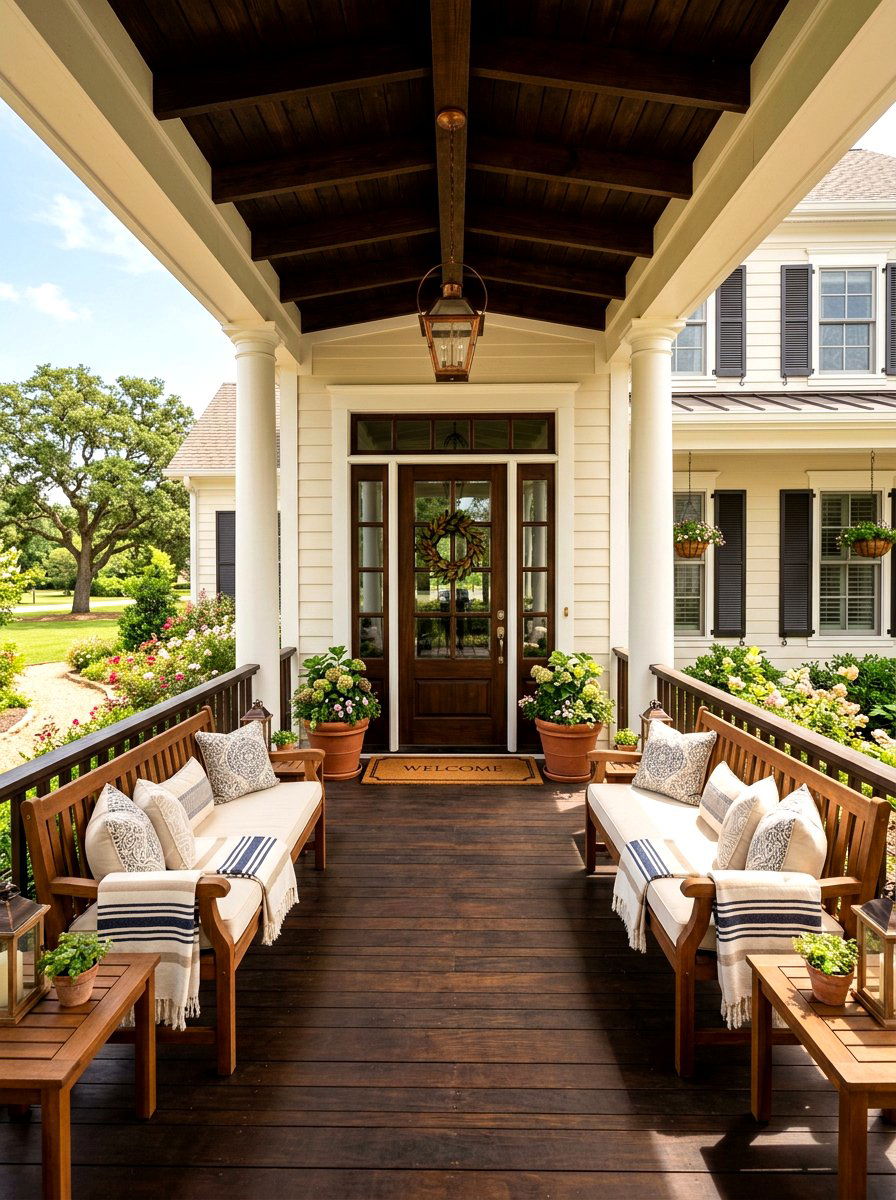 Flanking Porch Benches - 30 front porch symmetry ideas