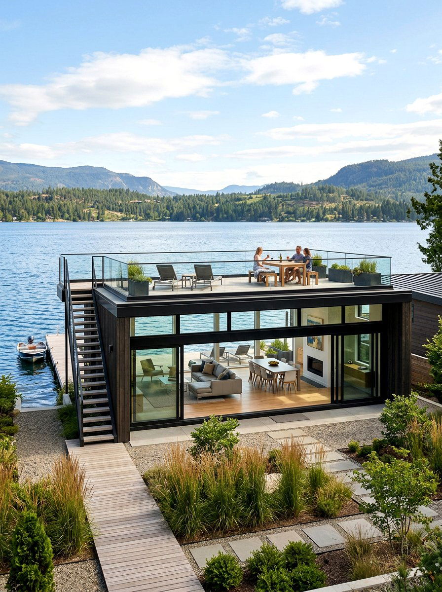Flat roof lake house - 30 lake house exterior ideas