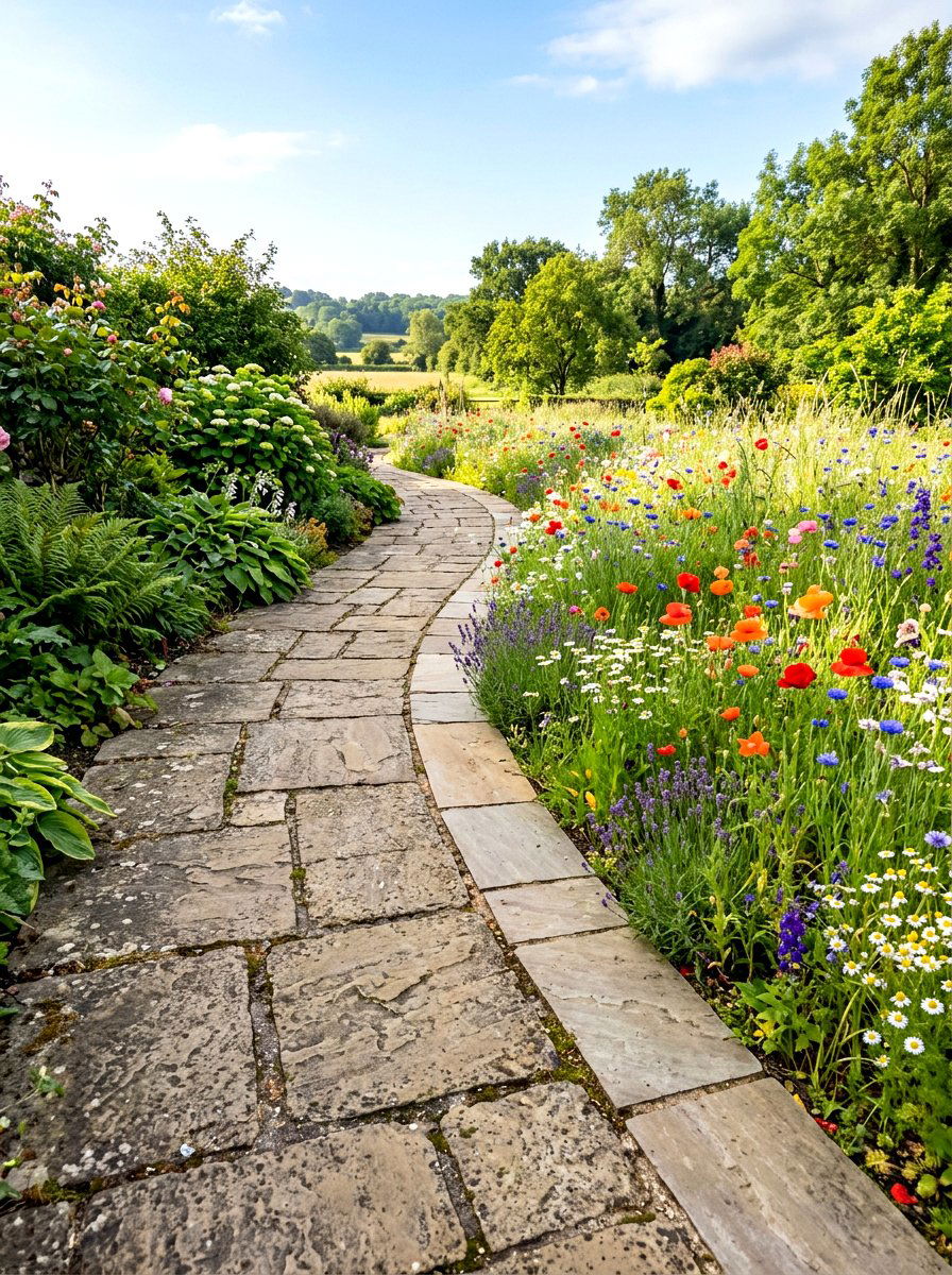 Flat stone garden walkway border - 30 paver garden border ideas