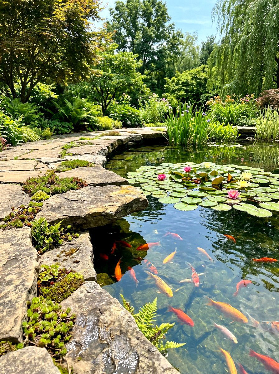 Flat stone pond edge - 30 garden rock ideas