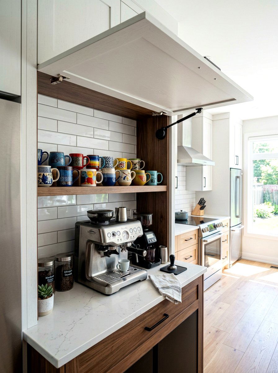 Flip up door coffee station - 30 hidden coffee pantry ideas