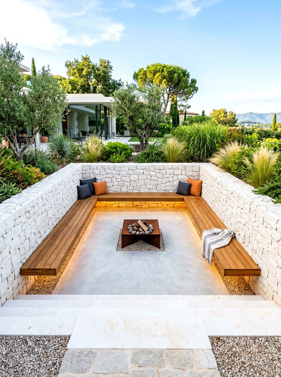 Floating Bench Sunken Design - 30 sunken backyard seating ideas