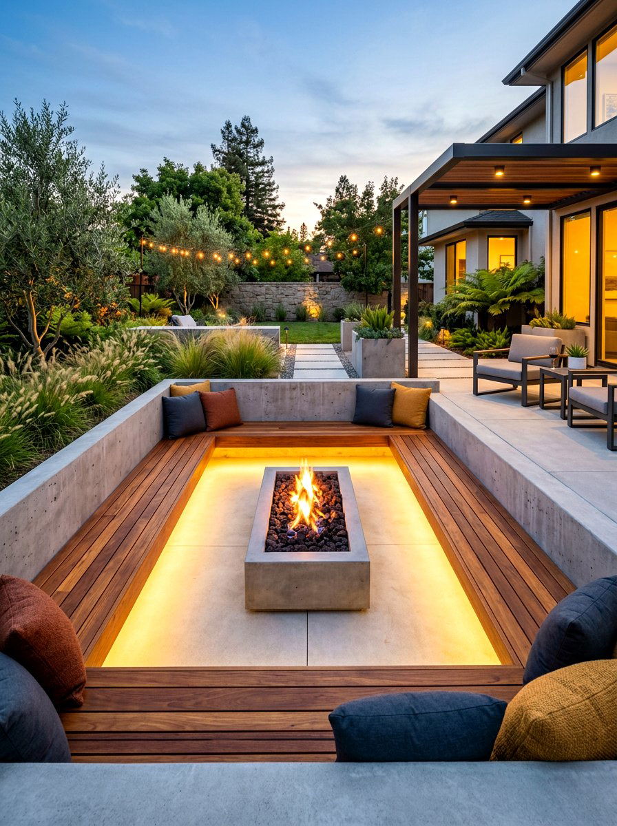 Floating Bench Sunken Fire Pit - 30 sunken fire pit ideas