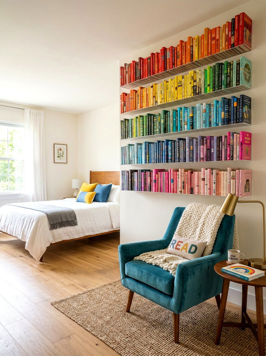 Floating Book Display - 30 dopamine bedroom ideas