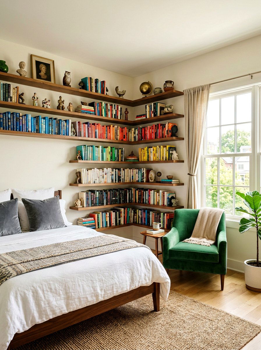 Floating Book Shelves - 30 maximalist bedroom ideas