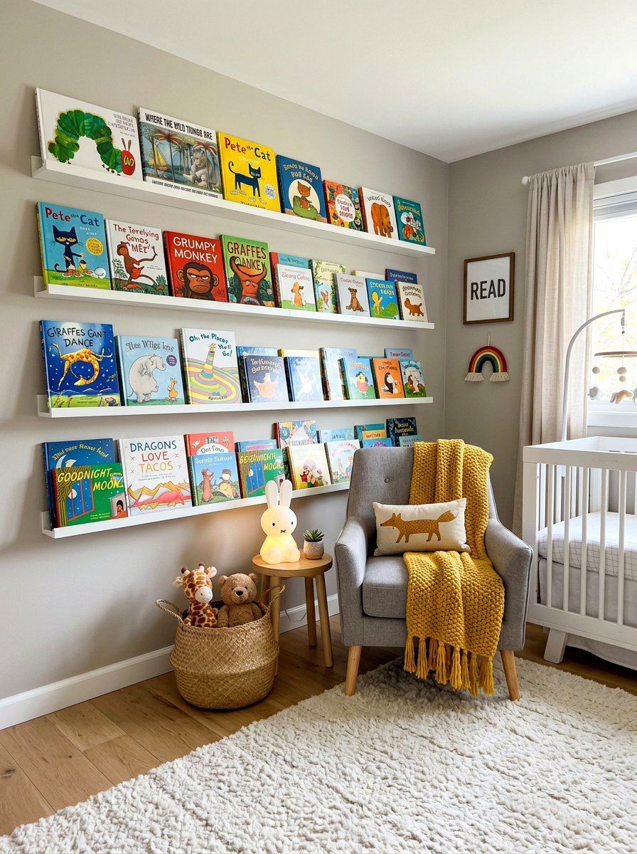 Floating Bookshelf Wall - 30 nursery reading nook ideas