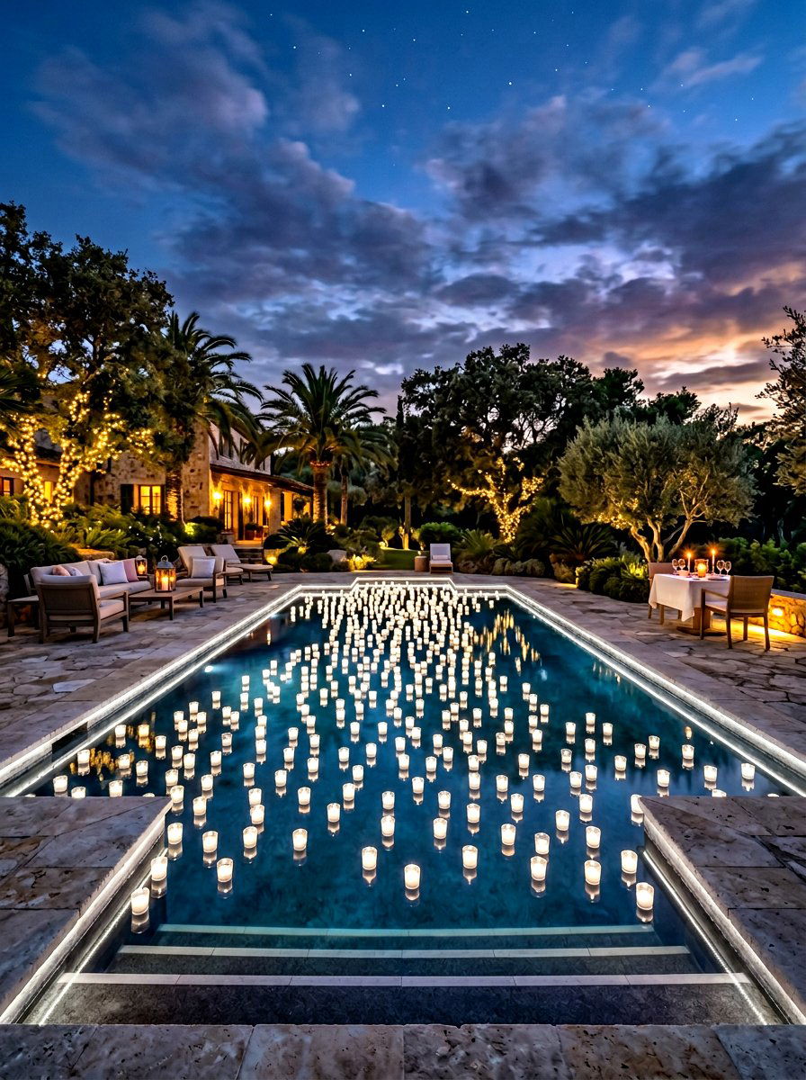 Floating Candle Pool Decor - 30 backyard wedding decor ideas