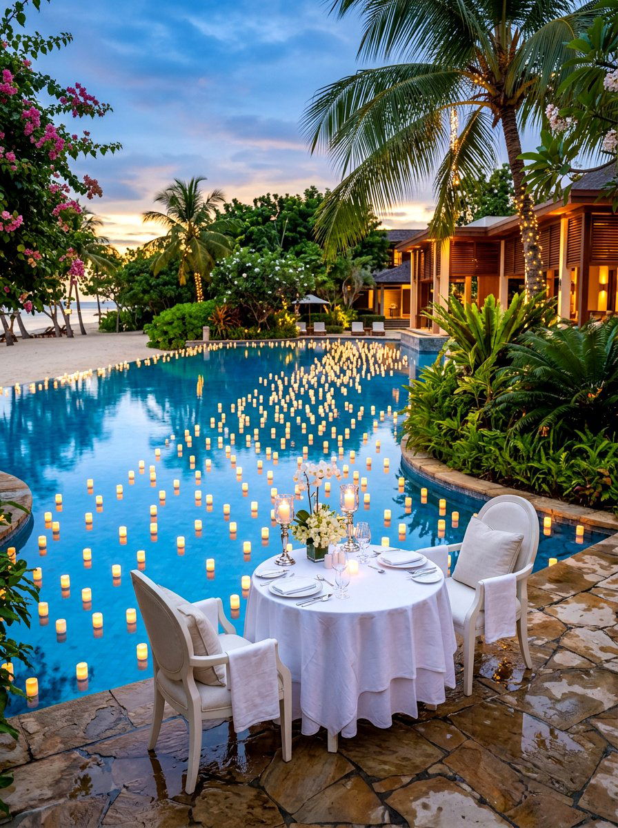 Floating Candles Pool Side Dining - 30 candlelit garden dinner ideas