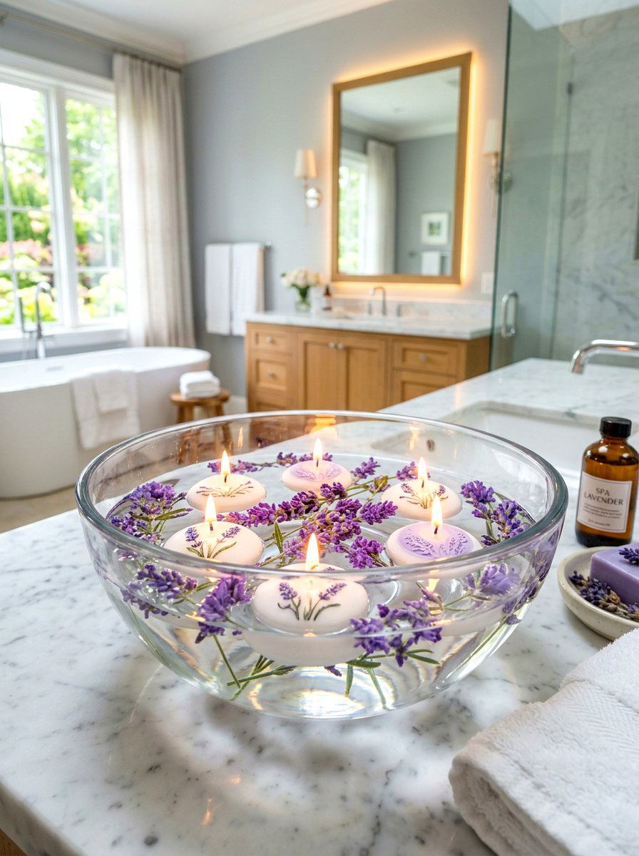 Floating Candles With Lavender - 30 candle centerpiece ideas