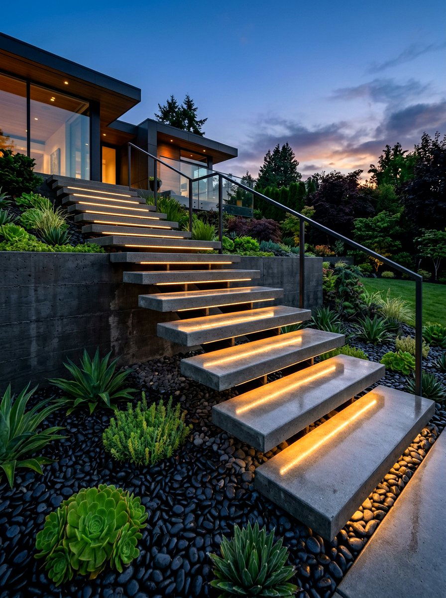 Floating Concrete Stairs - 30 modern front yard ideas