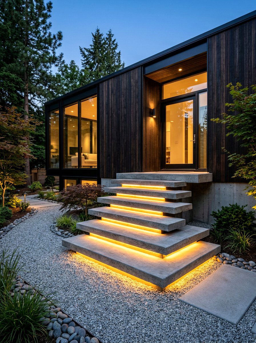 Floating Concrete Stairs - 30 front steps makeover ideas