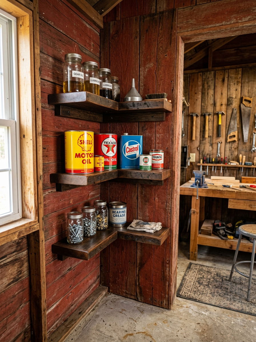 Floating Corner Shelf Nook - 30 shed organization ideas