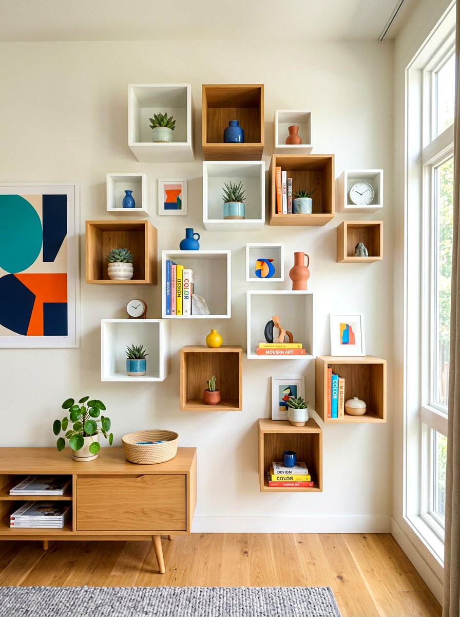 Floating Cube Shelves - 30 office backdrop shelf ideas