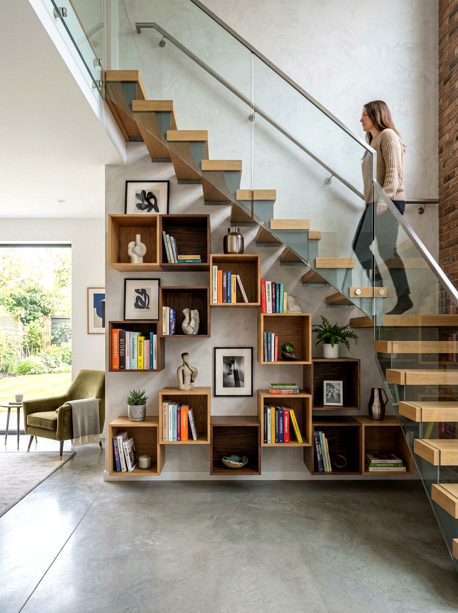 Floating Cube Wall Under Stair Display - 30 under staircase bookshelf ideas