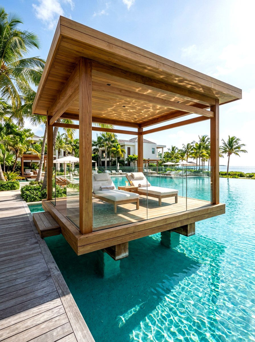 Floating Deck Cabana Over Pool Water - 30 backyard cabana lounge ideas