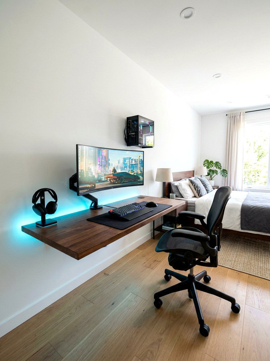 Floating Gaming Desk - 30 gamer bedroom ideas