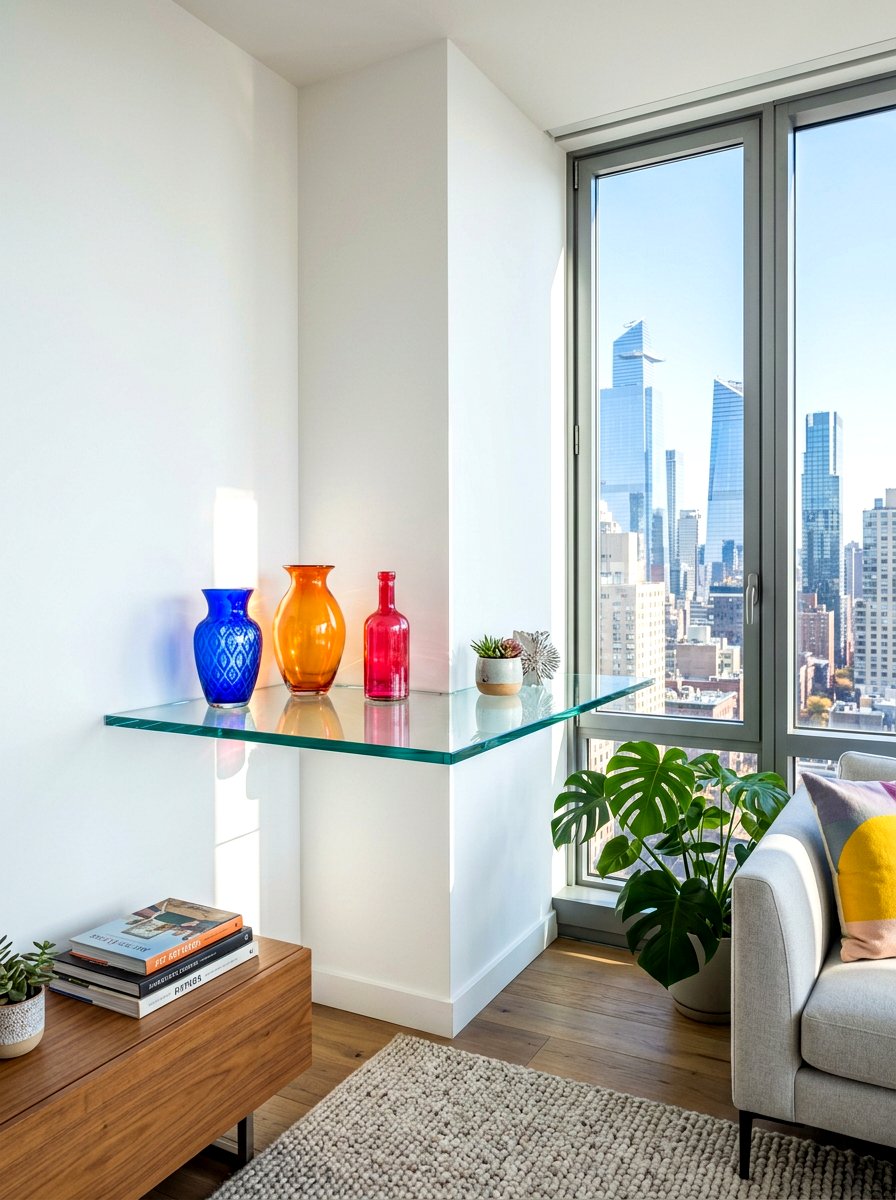 Floating Glass Corner Shelf - 30 living room corner shelf ideas