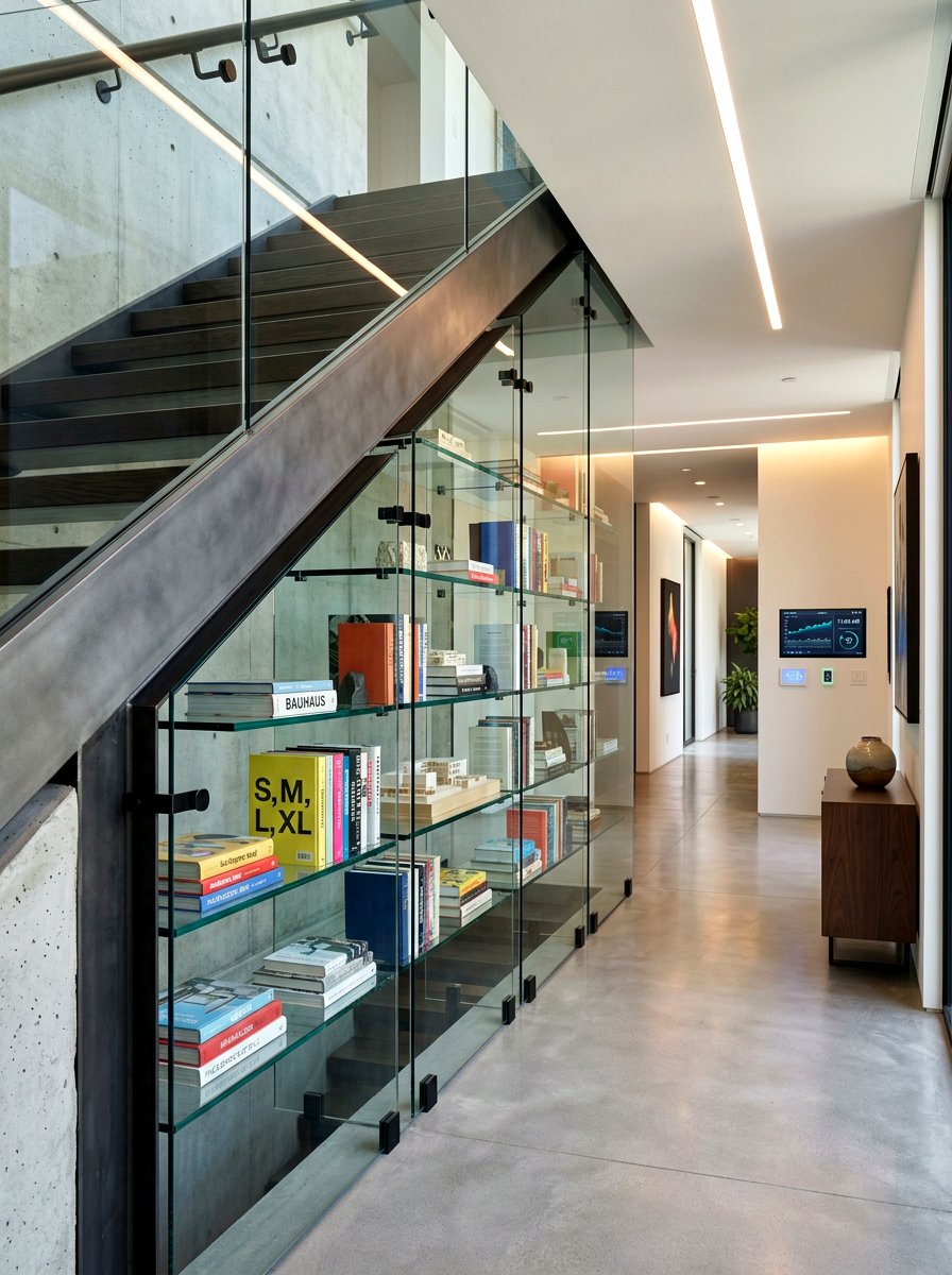 Floating Glass Wall Under Staircase Shelves - 30 under staircase bookshelf ideas