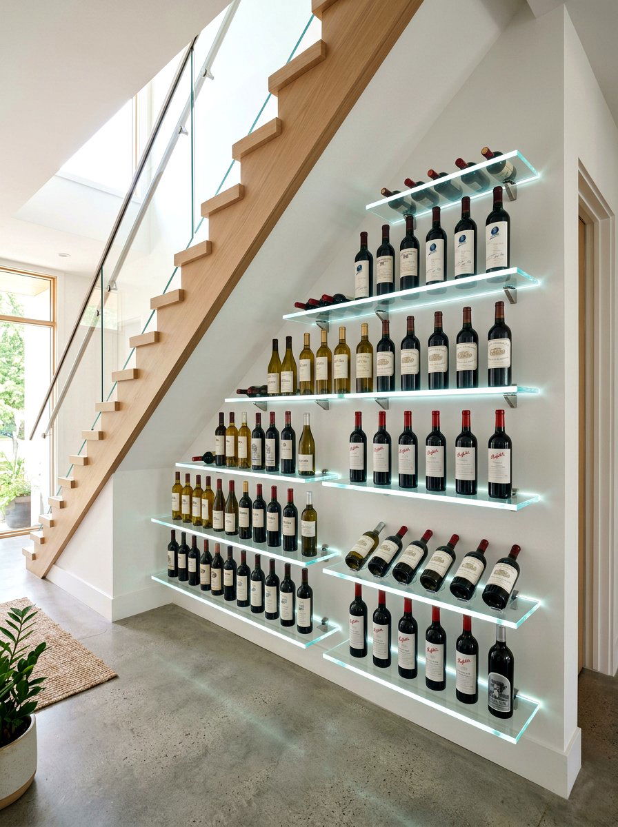 Floating Glass Wine Shelves - 30 under stairs wine nook ideas