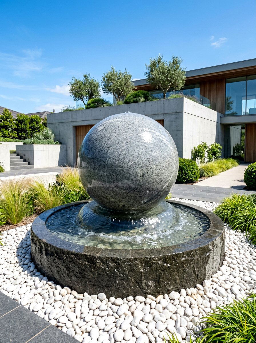 Floating Granite Sphere - 30 water feature landscaping ideas
