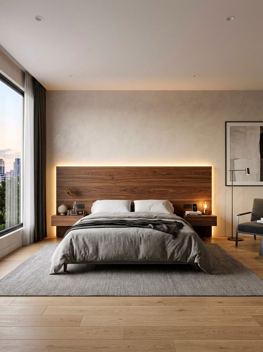 Floating Headboard With LED Lighting - 30 wall wrapped headboard ideas