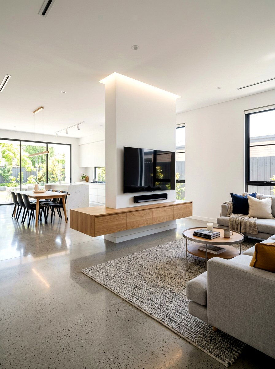 Floating Media Console - 30 open plan with cozy zones ideas