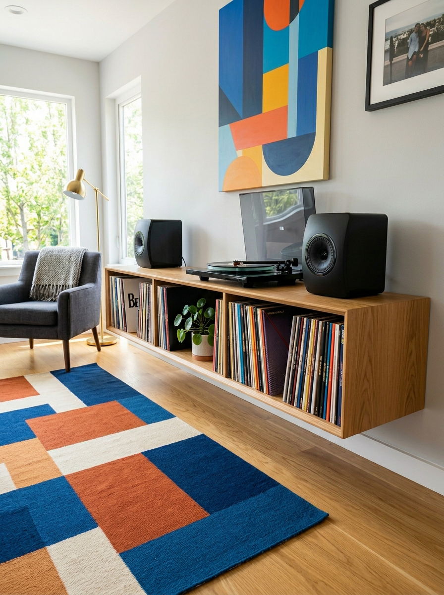 Floating Media Console For Records - 30 vinyl listening corner ideas