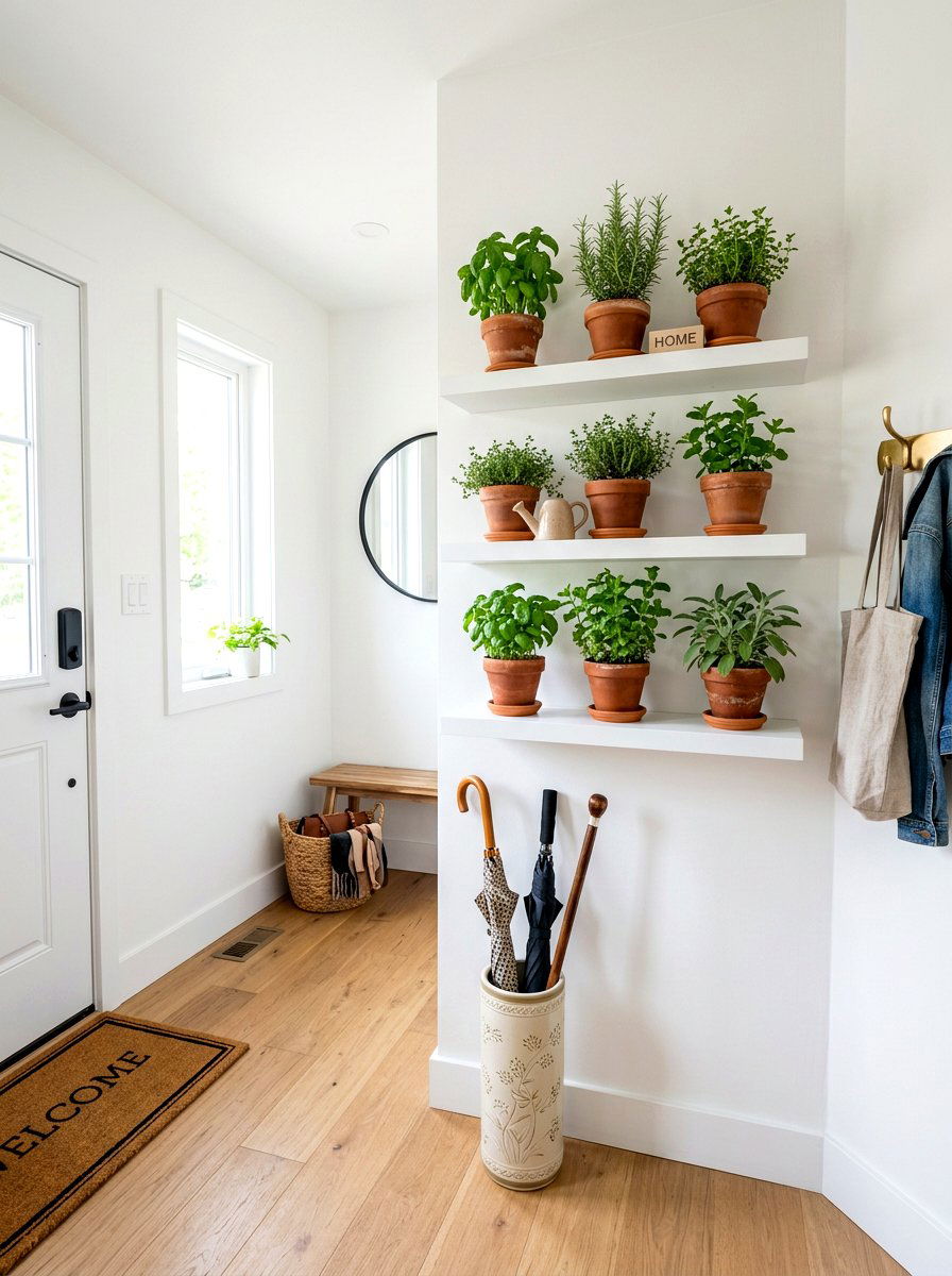 Floating Minimalist White Shelving - 30 wall planter entryway ideas