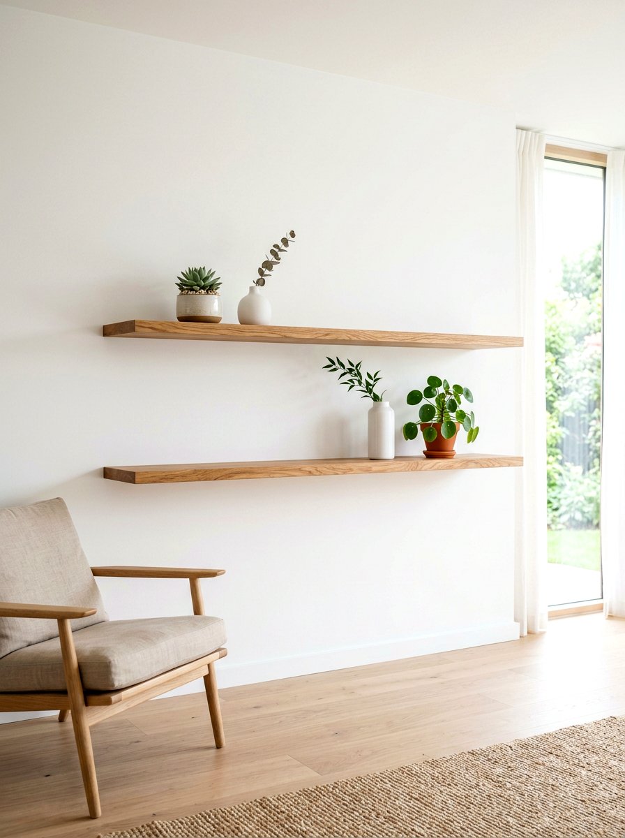 Floating Natural Wood Shelf - 30 low stimulation bedroom decor ideas