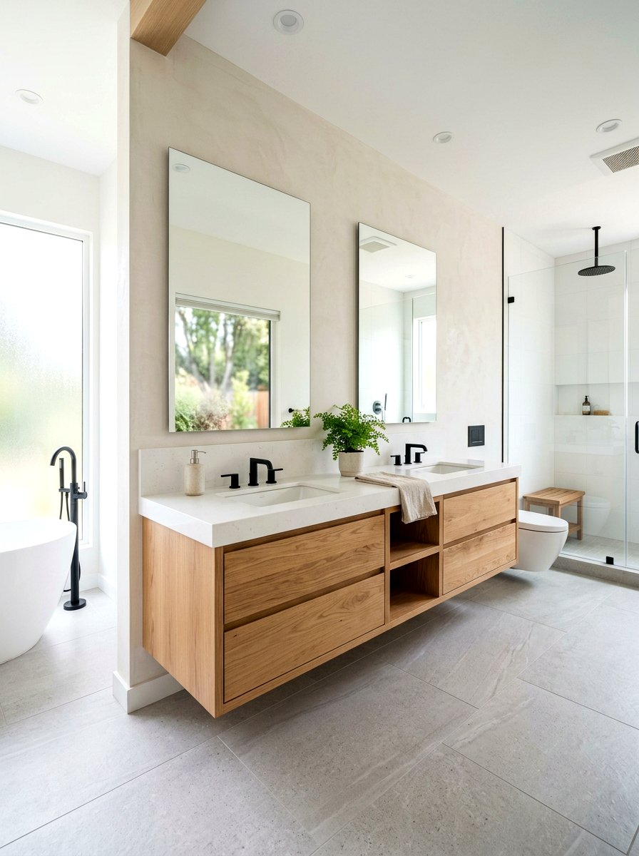 Floating Oak Master Bathroom - 30 double vanity ideas