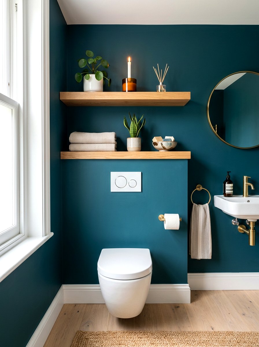 Floating Oak Shelves - 30 deep teal powder room ideas