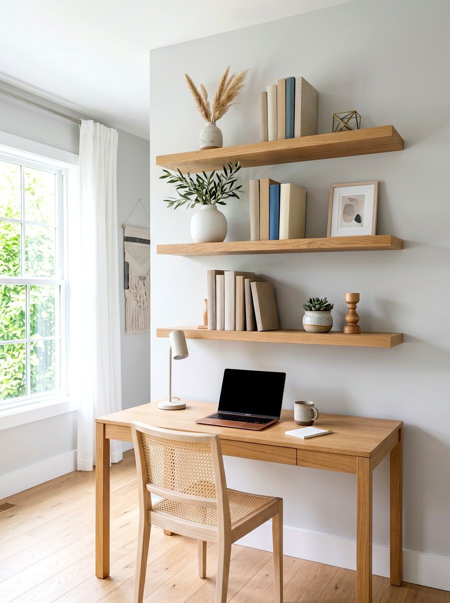 Floating Oak Shelves - 30 office backdrop shelf ideas